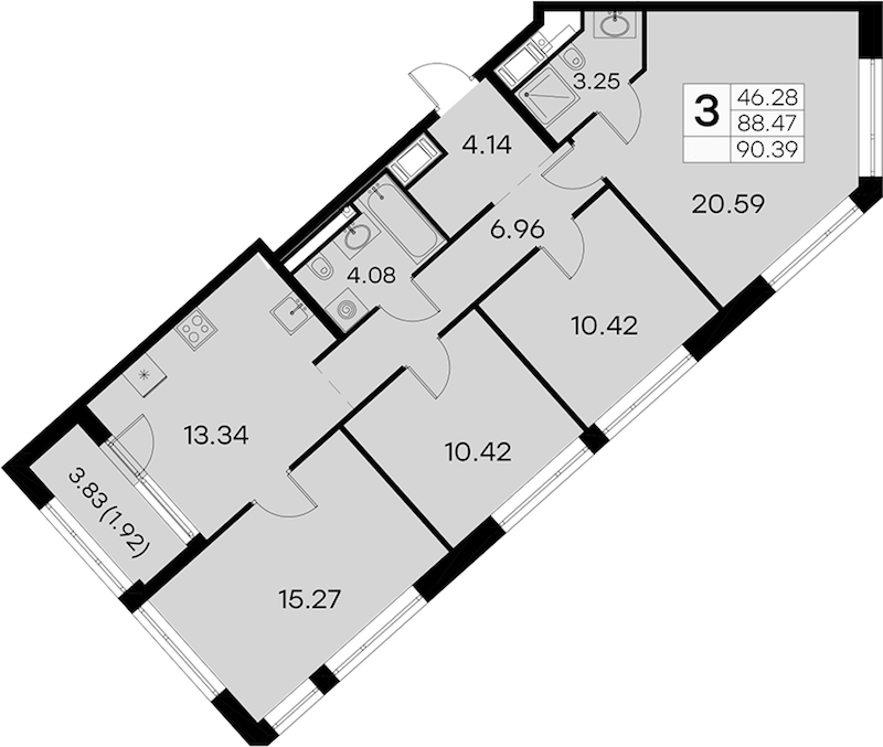 3-комнатная квартира 90.39 м², 14/19 эт., ЖК «GloraX Aura Vasileostrovsky»